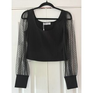 Petal + Pup Black Polka Dot Sheer Mesh Sleeve Crop Top Square Neck US 8 NEW